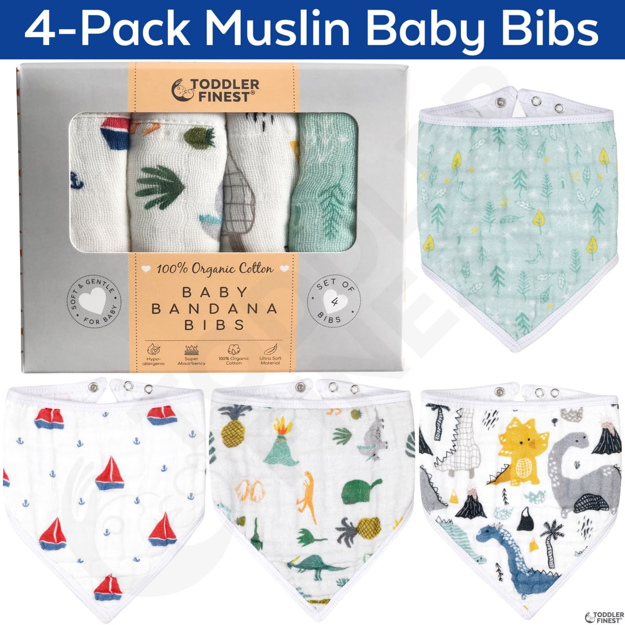4-Pack Muslin Bandana Baby Bibs - 100% Organic Cotton Drool Teething Bib - 2 Adjustable Size - Hypoallergenic Breathable Soft Durable Washable - 6 Layers Super Absorbent - Unisex Boy Girl Infant Toddl