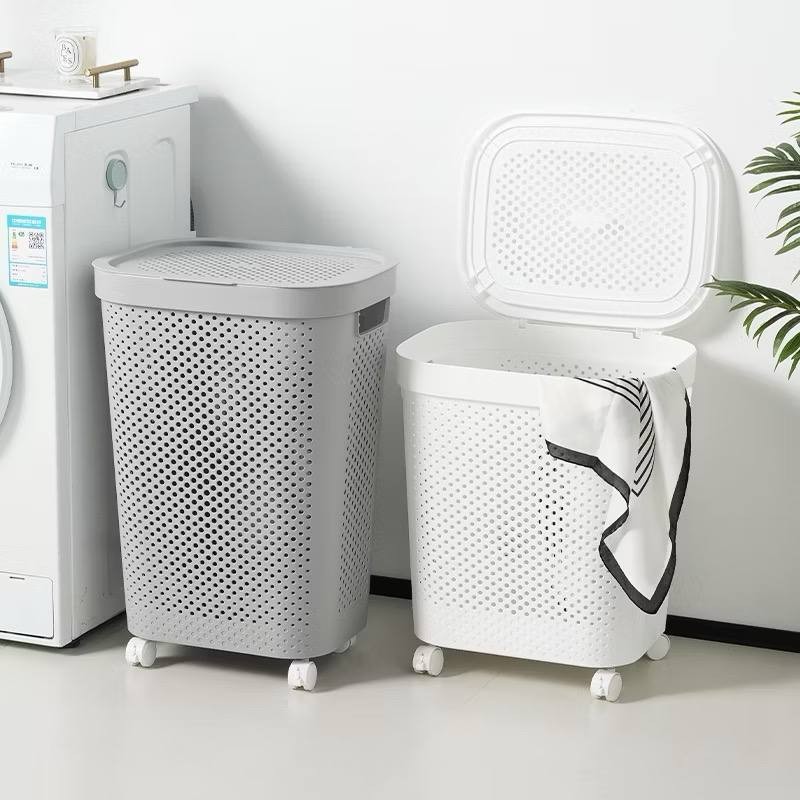 READY STOCK__45L/60L Japanese Style Large White/Grey Laundry Basket With Wheel Laundry Bag