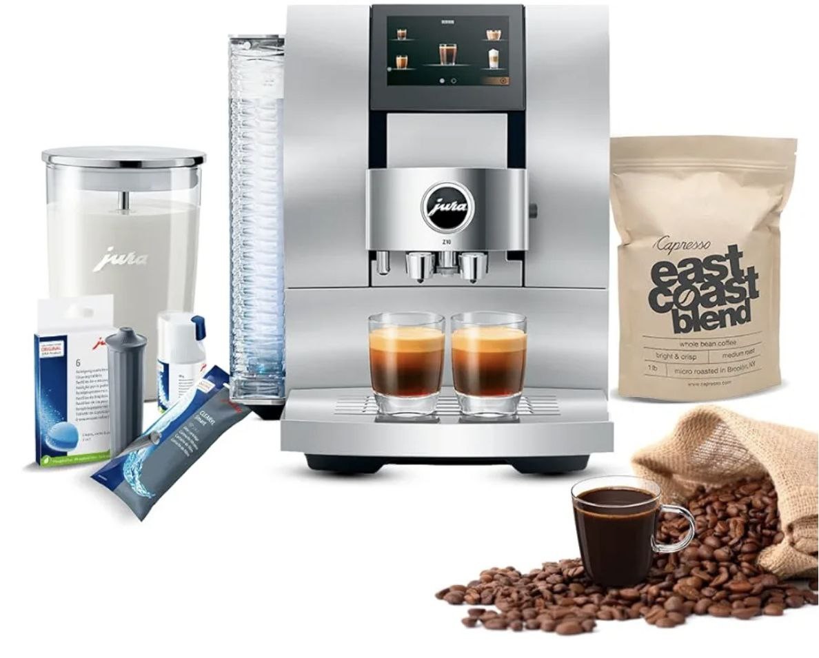Jura Z10 Coffee Machine Aluminum White Bundle with Filter Cartridge Water Stabilizer, Milk System Cleaner Mini-Tabs, Cleaning Tablets, Milk Containers, and Blend Whole Bean Coffee (6 Items)