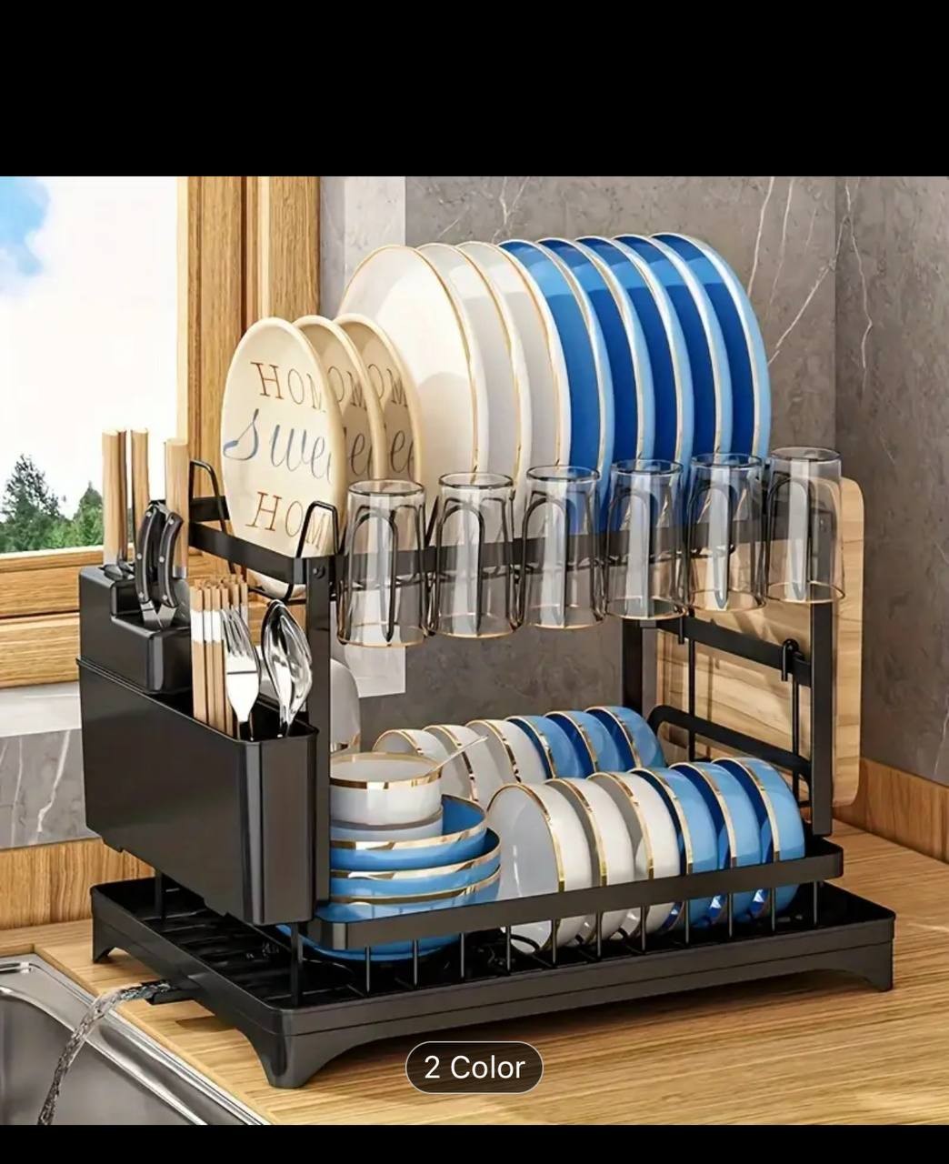 1pc Carbon Steel Double Dish Rack with Utensil Holder, Detachable Kitchen Storage Organizer, Cutlery Drainer Stand, Multipurpose Home Kitchen Accessories