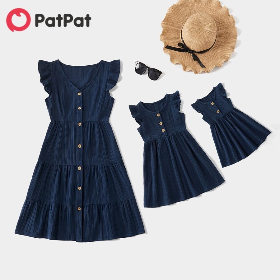 PatPat Family Matching Outfits Mommy and Me Clothes 100% Cotton Solid Color Ruffle Dresses for Baby Girl Women