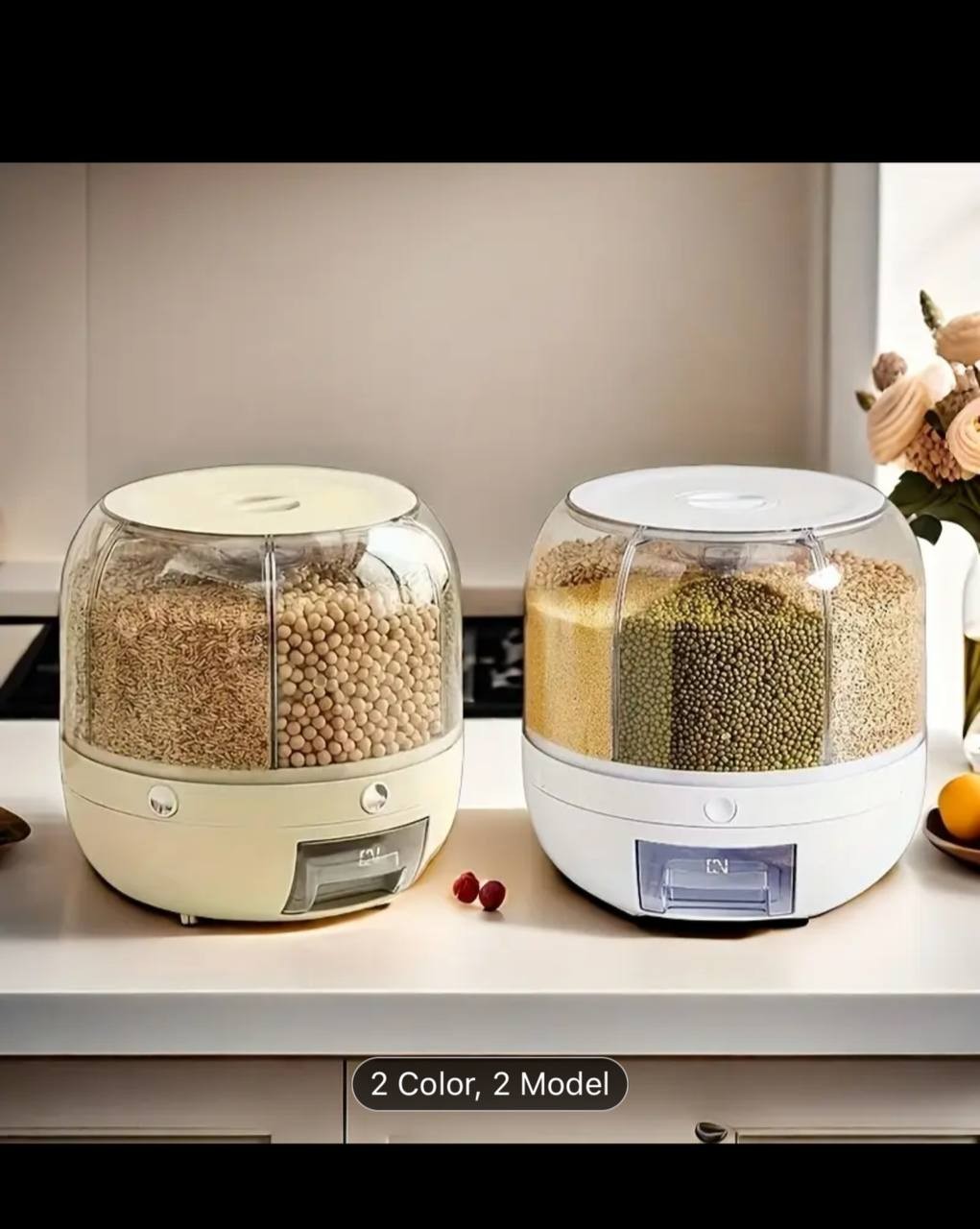 Large Capacity Rotating Grain Dispenser - 2-Compartment Transparent Design, Moisture & Insect-Proof Storage for Rice, Cereal, Flour - Ideal Kitchen Organizer for Home Use