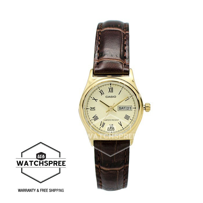 [Watchspree] Casio Ladies' Standard Analog Brown Leather Strap Watch LTPV006GL-9B LTP-V006GL-9B