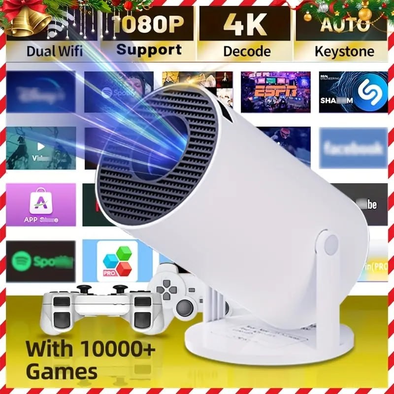 Equipped with a game chip, comes with more than 10,000 classic nostalgic games, comes with 2 game controllers, supports single and double player games, can play games and watch movies, game projector,