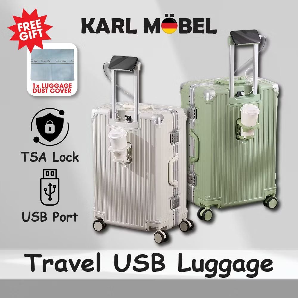 USB Luggage Bag Travel 20 24 Inch Bagasi with Cup Holder aluminium frame Charging Port Suitcase TSA Lock