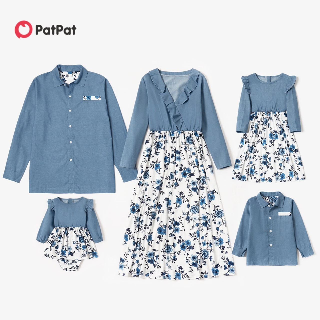 PatPat Family Matching Outfits Mosaic Long Sleeve Denim Floral Flounce Dresses Solid Button Front Shirts Baby Rompers for Boy Girl Women Men