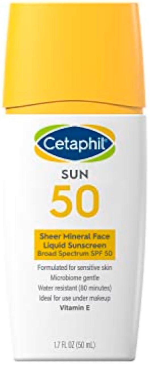 Cetaphil Sheer 100% Mineral Liquid Sunscreen for Face With Zinc Oxide Broad Spectrum SPF 50 Formulated for Sensitive Skin, Unscented, 1.7 Fl Oz