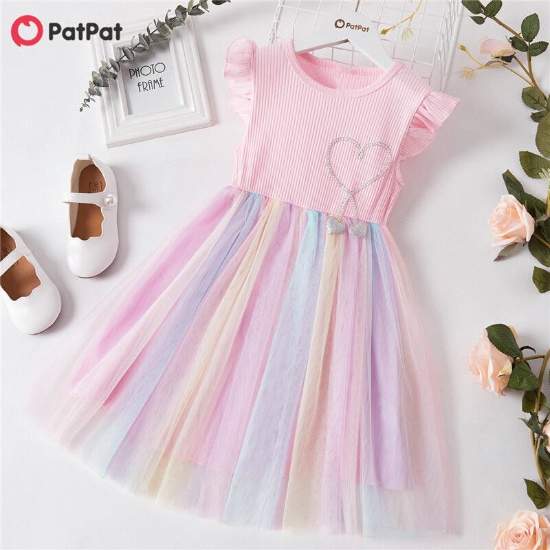 PatPat Beautiful Kid Girl Princess Fly Sleeve Heart Rainbow Mesh Dress
