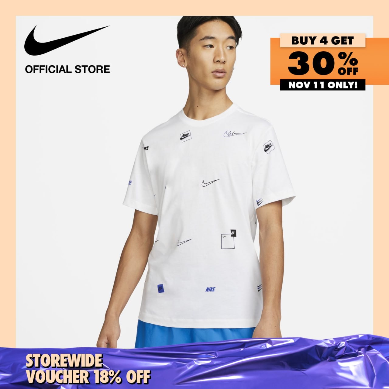 Nike Men's Sportswear 12 MO Logo AOP T-Shirt - White