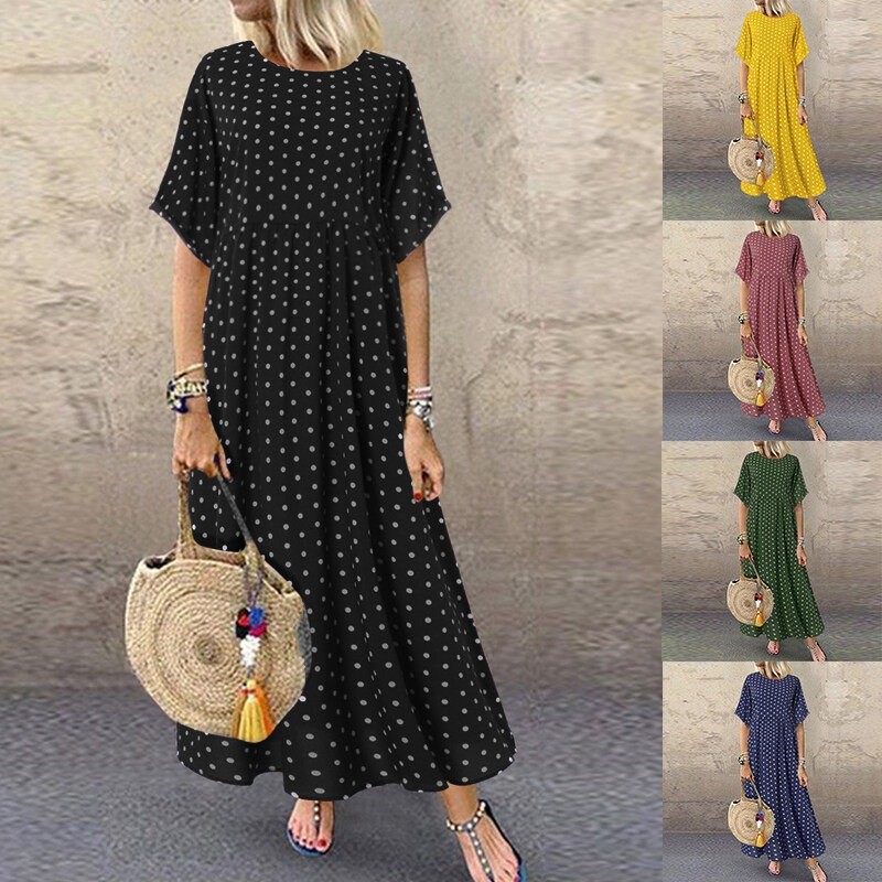 Rulfepy ZANZEA Women Short Sleeve Vintage Retro Plus Size Maxi Sundress Polka Dot Dress