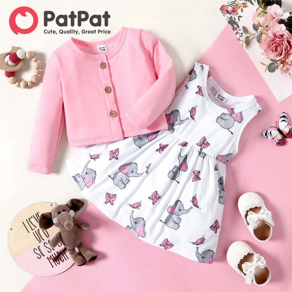 PatPat Baby Girl Clothes Set 2pcs Baby Girl Pink Long-sleeve Cardigan with Cartoon Elephant and Butterfly Print Sleeveless Dress Suit