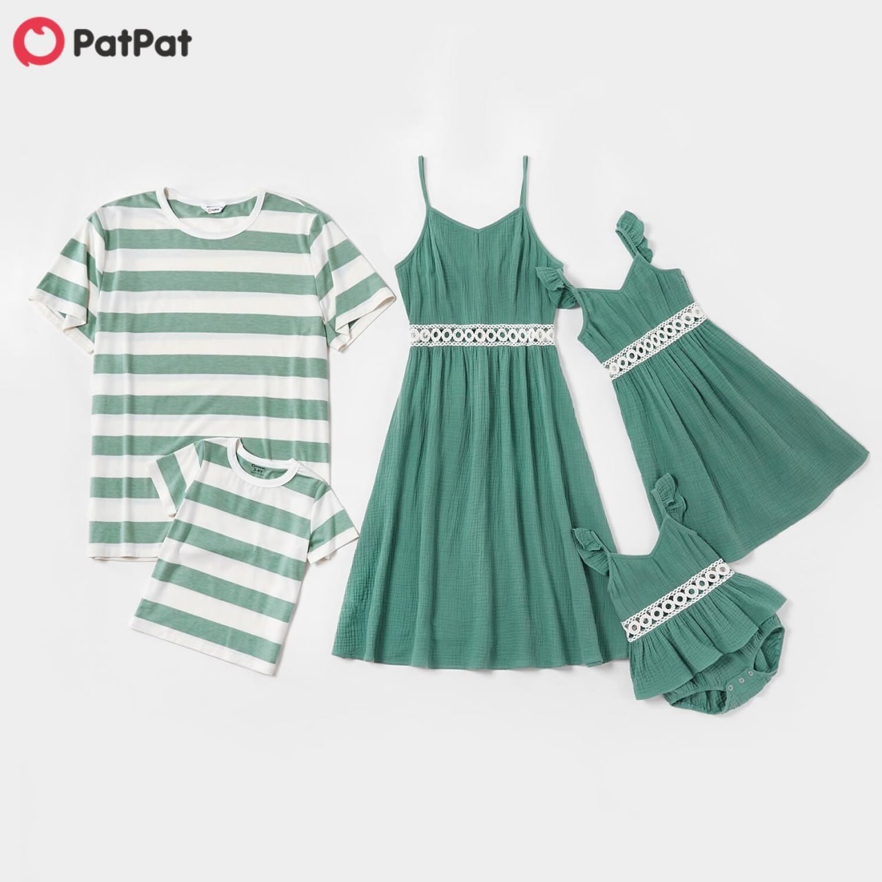 PatPat Family Matching Outfits Summer 100% Cotton Hollow Out Lace Flutter-sleeve Tank Dresses Stripe T-shirts for Boy Girl Women Men