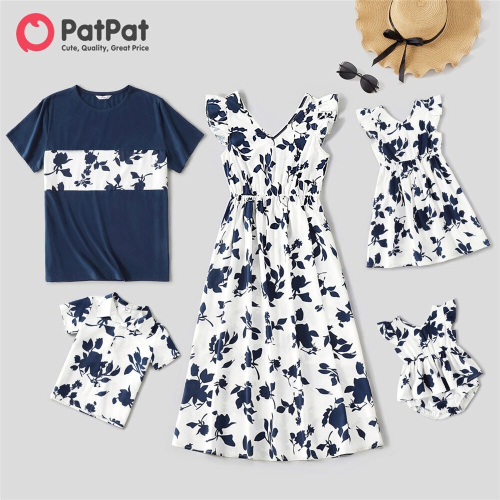 PatPat Family Look Outfits Matching All Over Blue Floral Print V Neck Flutter-sleeve Dresses Short-sleeve Tee Shirts for Baby Kids Mom Dad