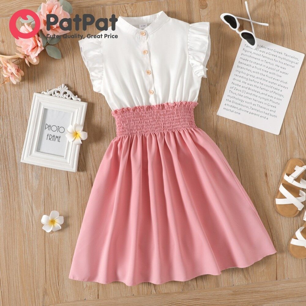 PatPat Kid Girl Clothes Button Design Smocked Splice Ruffled Flutter-sleeve Dress