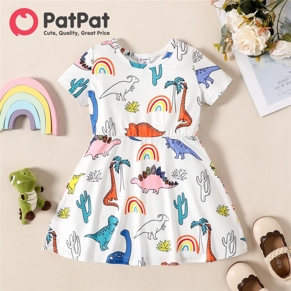 PatPat Toddler Girl Clothes Dinosaur Rainbow Cactus Print Short-sleeve Dress