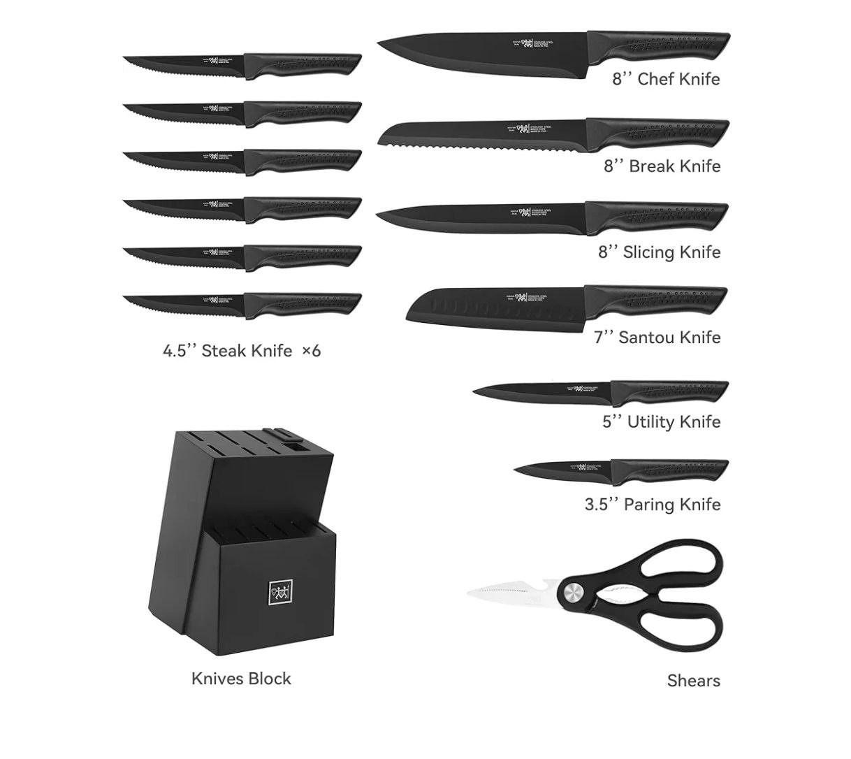 Knife Set, 15 Pcs Kitchen Knife Set with Block Self Sharpening, Dishwasher Safe, 6 Steak Knives, Anti-slip handle, Black