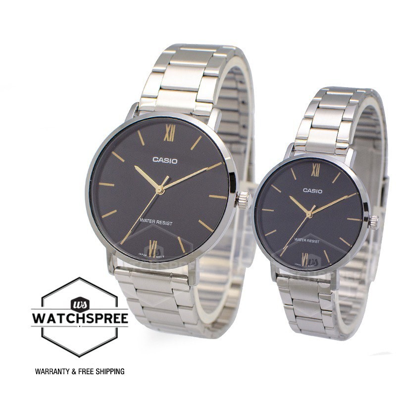 [Watchspree] Casio Couple Stainless Steel Watch LTPVT01D-1B MTPVT01D-1B [Couple Watch Set]