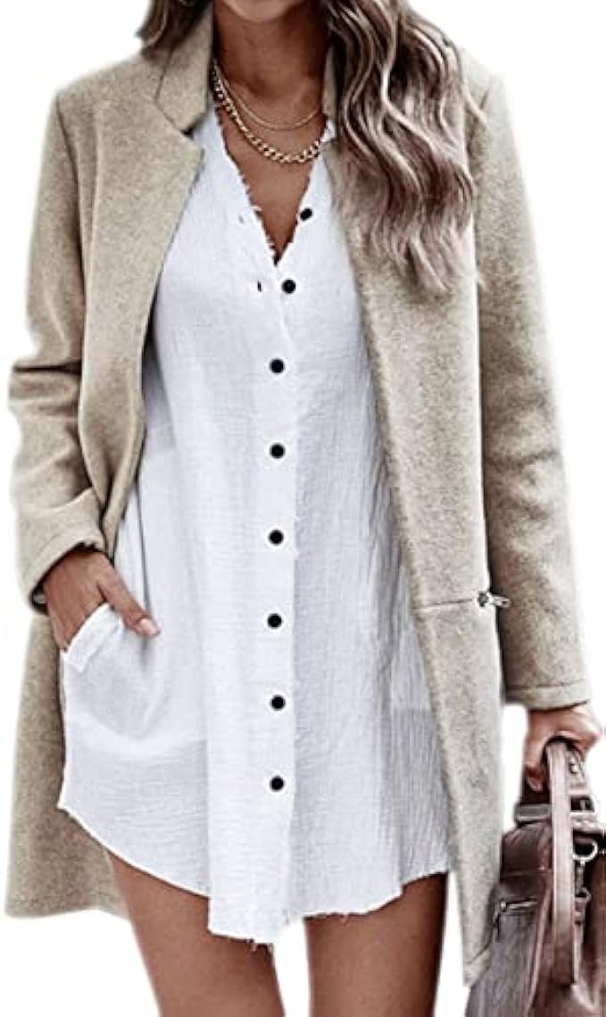 Angashion Women�s Coat, Long Sleeve Stand Collar Cardigan Mid-Long Open Front Outwear Overcoat with Zipper Pockets