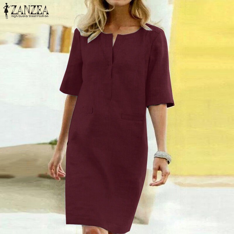 Rulfepy ZANZEA Womens Short Sleeve Cotton Solid Shirt Dress Casual Loose Mini Dresses