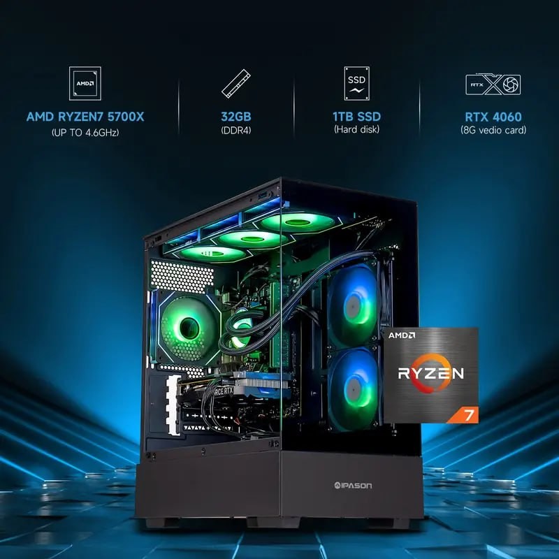 IPASON Prebuilt Gaming Desktop with Ryzen 7 5700X, NVIDIA GeForce RTX 4060, 32GB DDR4 RAM, 1TB M.2 NVMe SSD, Windows 11 Home, Liquid Cooler, ARGB Fans - High-Performance PC for E-sports, Game Design &
