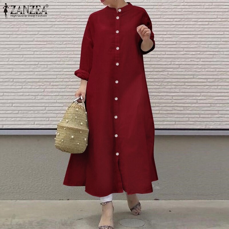 Rulfepy Women Long Sleeve Collarless Crew Neck Kaftan Loose Solid Long Maxi Shirt Dress ZANZEA