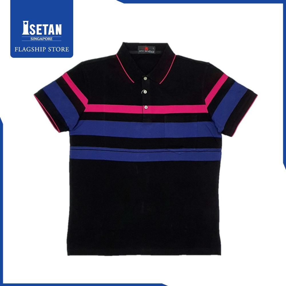 John Langford Pique Striped Polo T-Shirt with Pocket Black J3E-050-01
