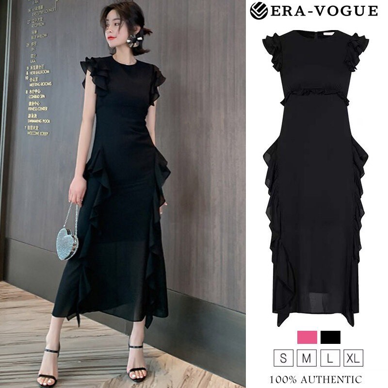 EraVogue Korean Version Slim Dress Chiffon Light Familiar Style Round Neck Irregular Ruffled Party Dresses 1745