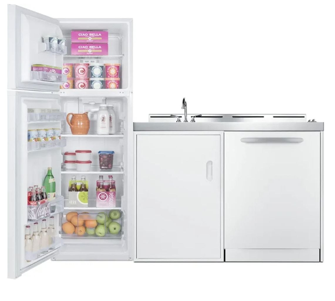 Summit Appliance ACKDW72 72" Wide All-in-one Kitchenette with Full-sized Frost-free Refrigerator-Freezer, 24" Dishwasher, Two Coil 115V Burners, Sink, and Storage Cabinet