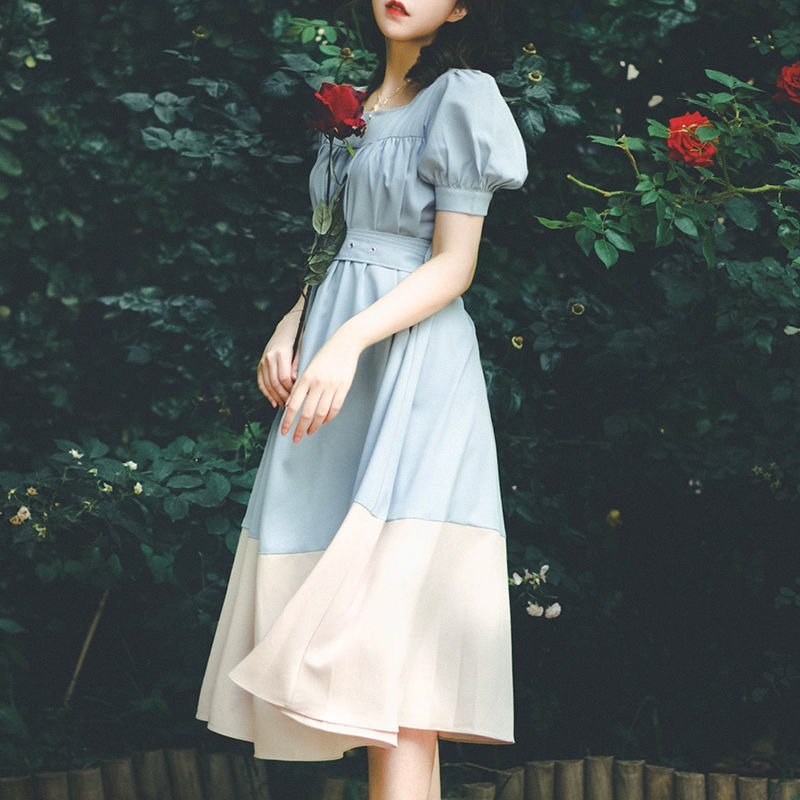 Dress Cotton for Women Summer French Retro First Love Girl Square Collar Contrast Color Temperament Dress Square Collar Puff Sleeves College Palace Waist Skirt Long Dress