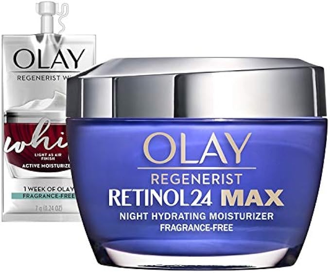 Olay Regenerist Retinol 24 Max Moisturizer, Retinol 24 Max Hydrating Night Face Cream, Fragrance-Free Non Greasy Feeling 1.7 oz, Includes Olay Whip Travel Size for Dry Skin