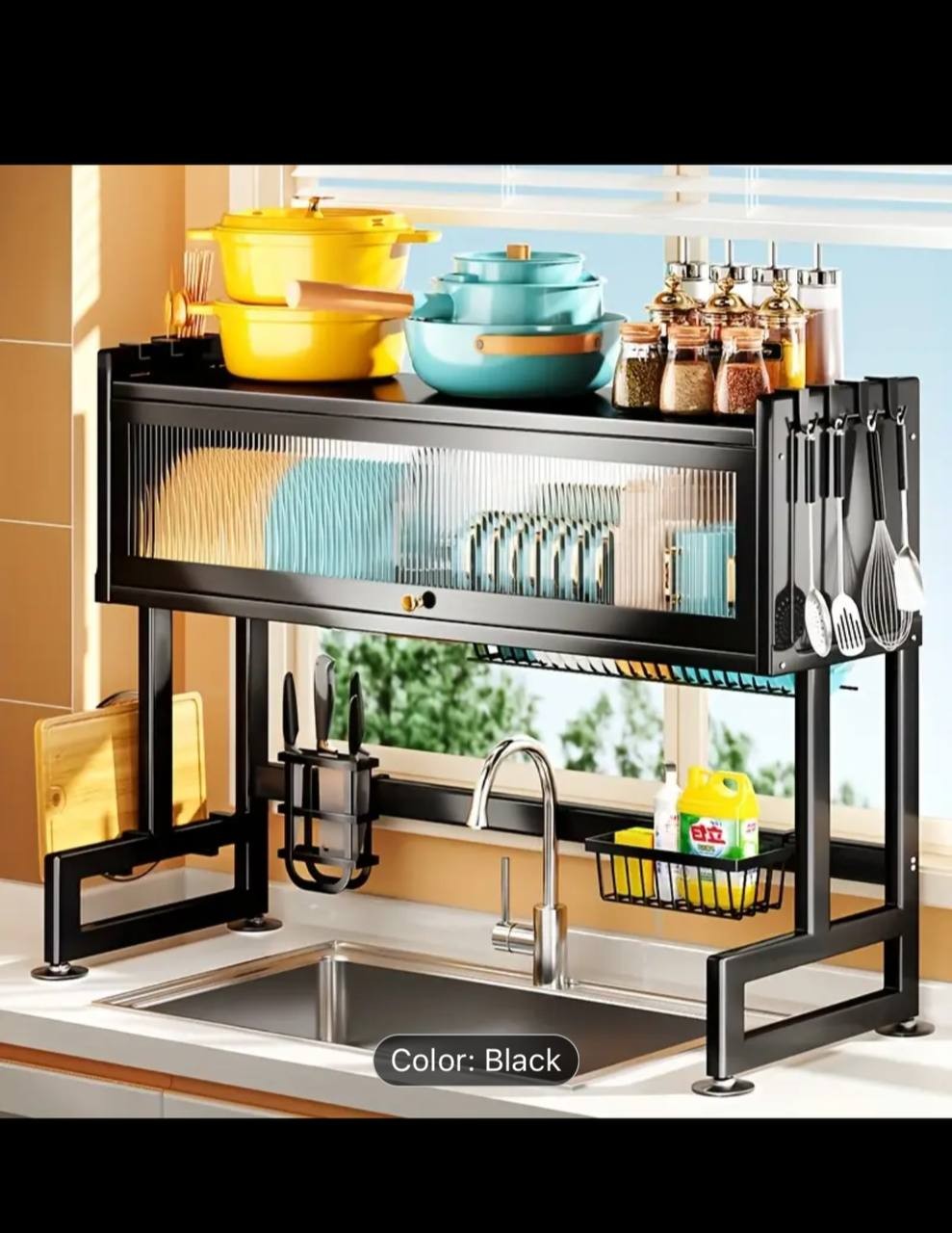 Multi-functional Carbon Steel Dish Rack with Cabinet Door and Dust Protection