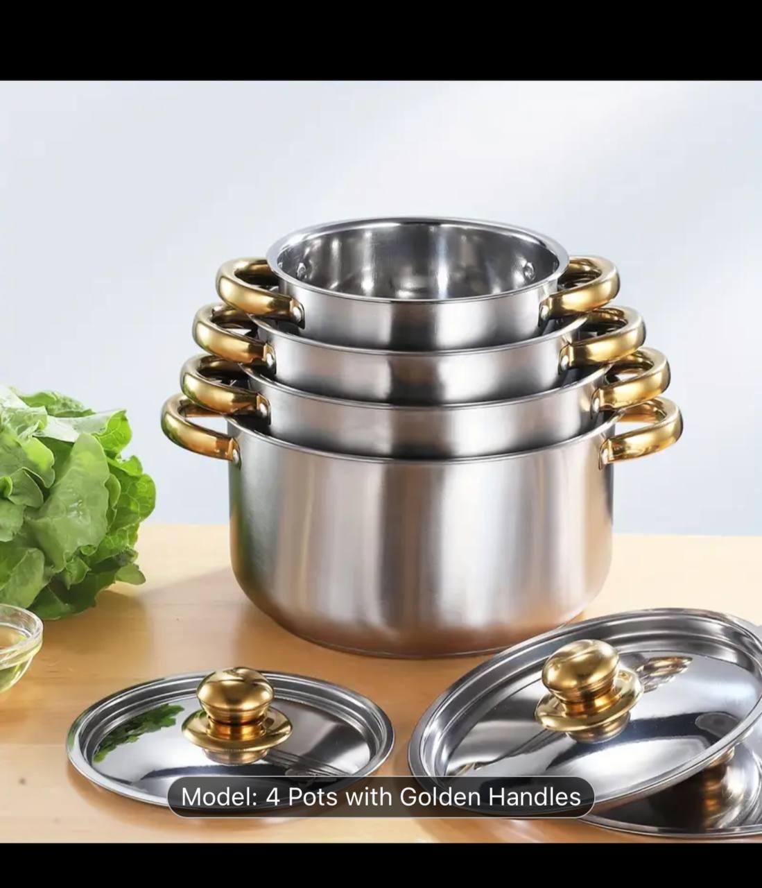 High-End 410 Thickened Stainless Steel Cookware Set, Ultra-Thick Multi-Layer Base, Golden Handles, Includes 4 Pots And 4 Lids, Stainless Steel Natural Color, Stainless Steel Lids, Premium Export Quali