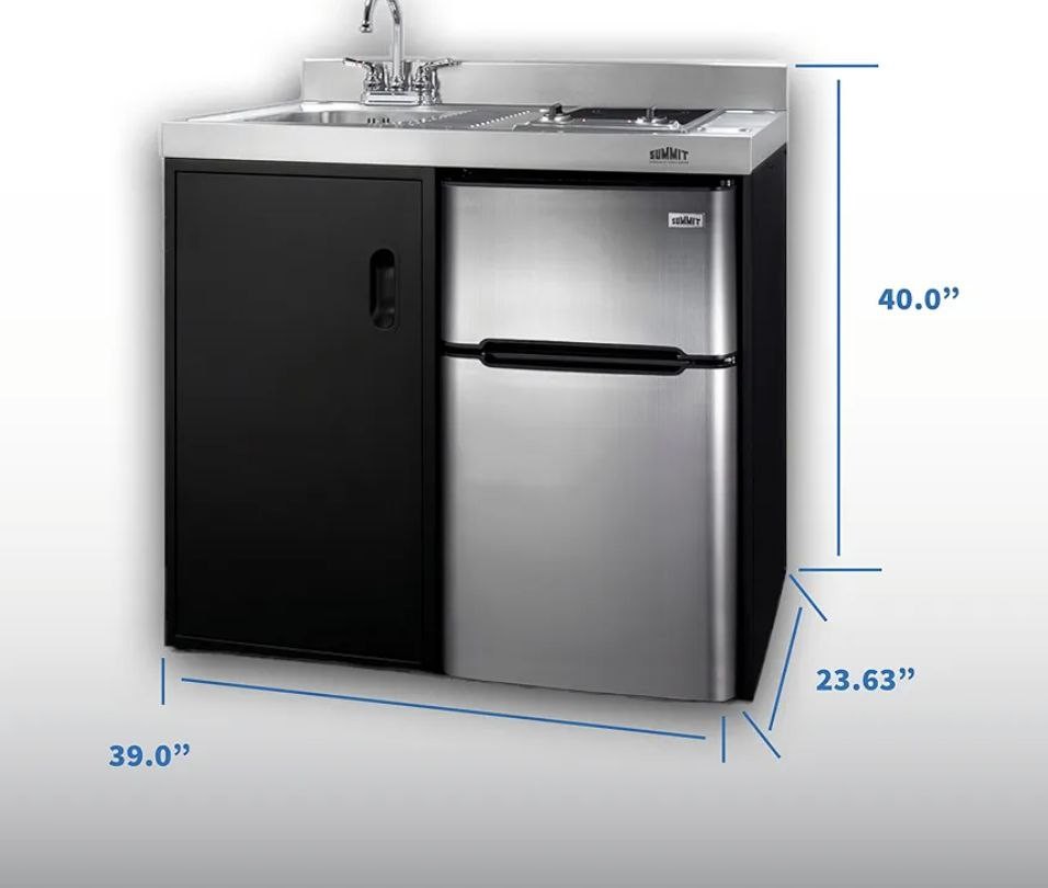 Summit 39" Wide All-In-One Kitchenette, 2-Door Refrigerator-Freezer, 2-Burner Cooktop, Sink, and Storage, Black and Stainless- C39ELGLASSBK