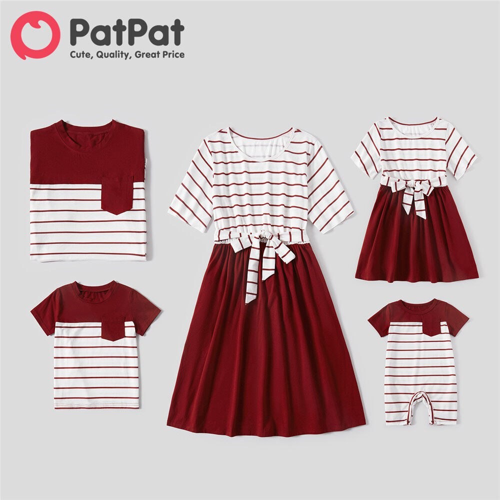 PatPat Family Matching Outfits Red and White Striped Short-sleeve Belted Splicing Dresses Color Block T-shirts for Baby Boy Girl Women Men