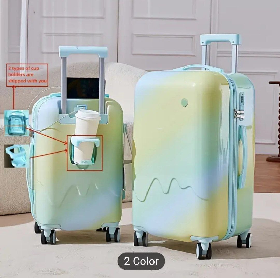 50.8cm Elegant Gradient Carry-On Luggage Set - Hardshell ABS+PC Suitcases with USB Port, Spinner Wheels, Iron Pull Handle, Combination Lock - Includes Cup Holder - Zipper Closure